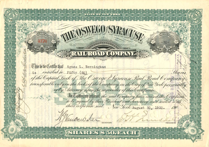 Oswego and Syracuse Railroad Co. - Stock Certificate